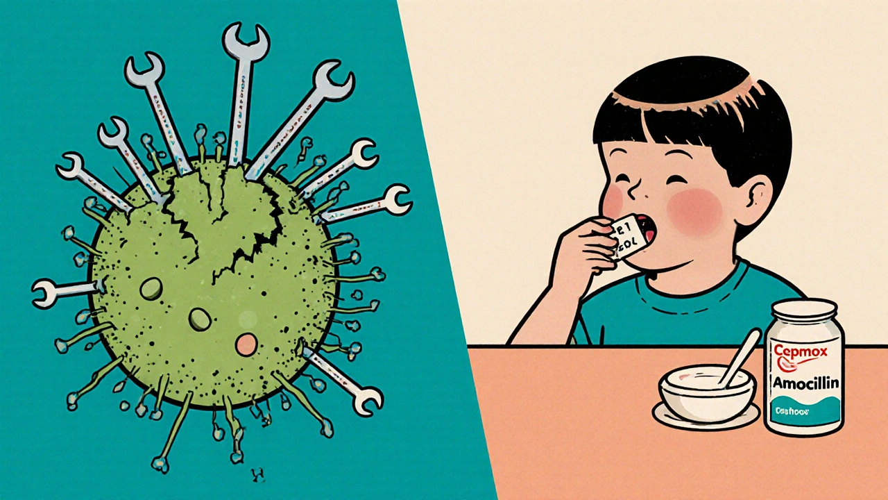 Bacterium with crumbling cell wall next to child taking chewable antibiotic with yogurt