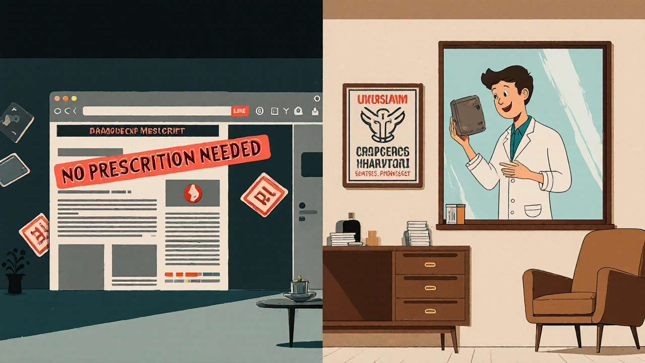 Contrasting scene: shady online pharmacy vs verified pharmacy with pharmacist handing Emsam