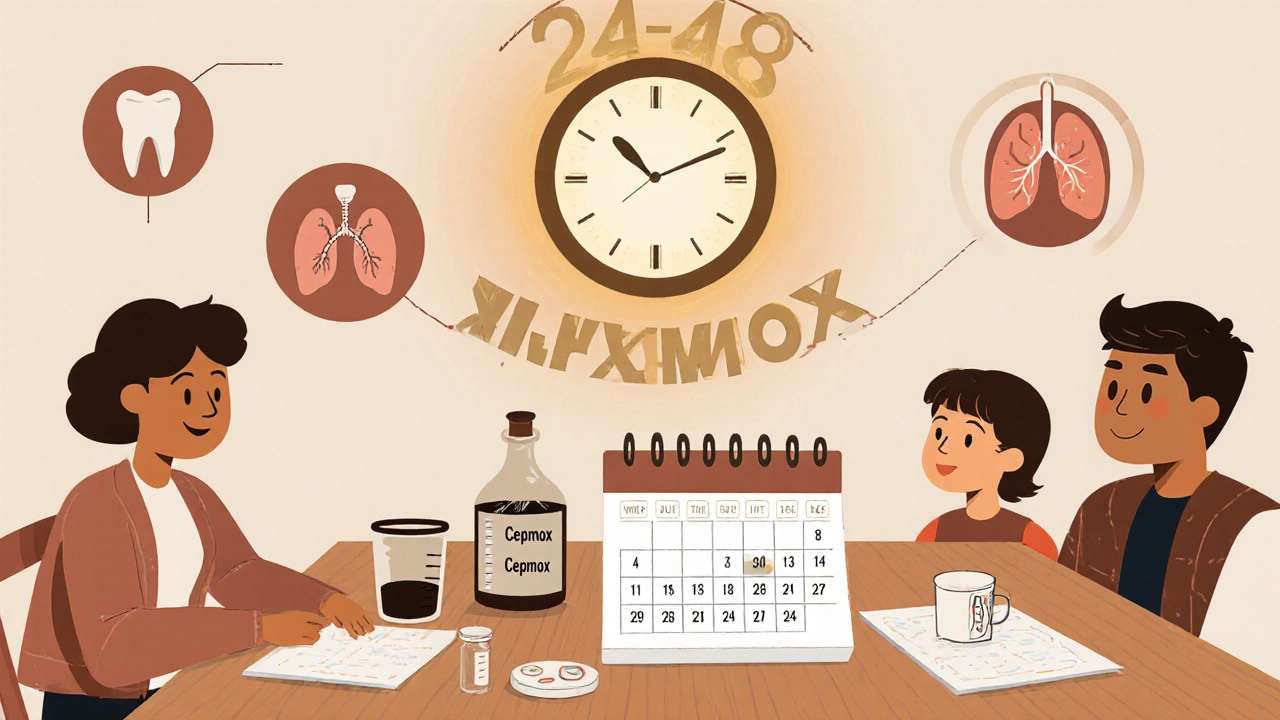 Family at table with Cepmox dosing calendar, measuring cup, and probiotic yogurt