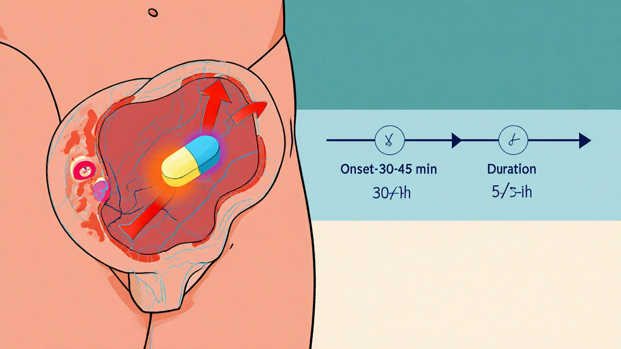 Cartoon cross‑section showing increased blood flow after taking Fildena XXX with timeline markers.