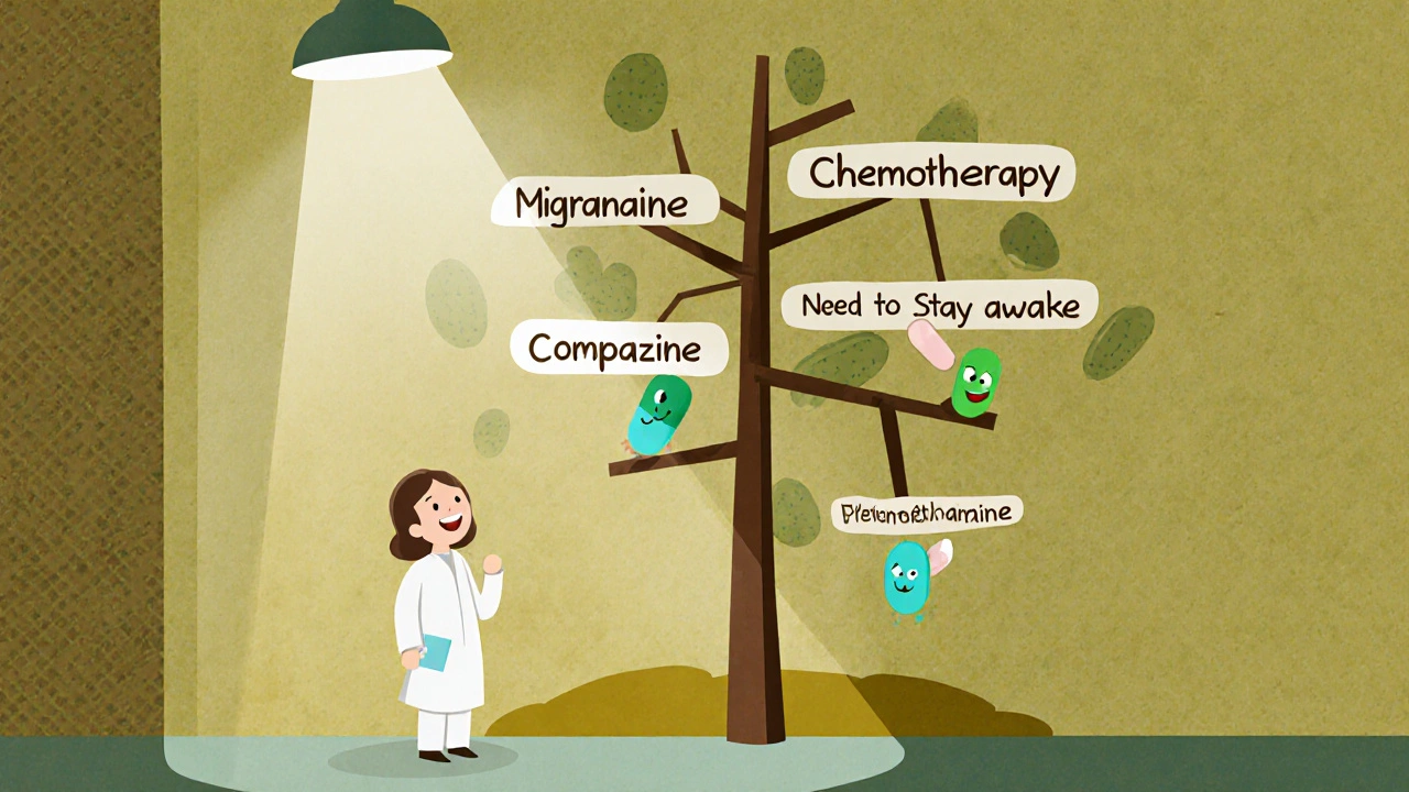 Cartoon decision tree with a patient choosing among different anti‑nausea pills.
