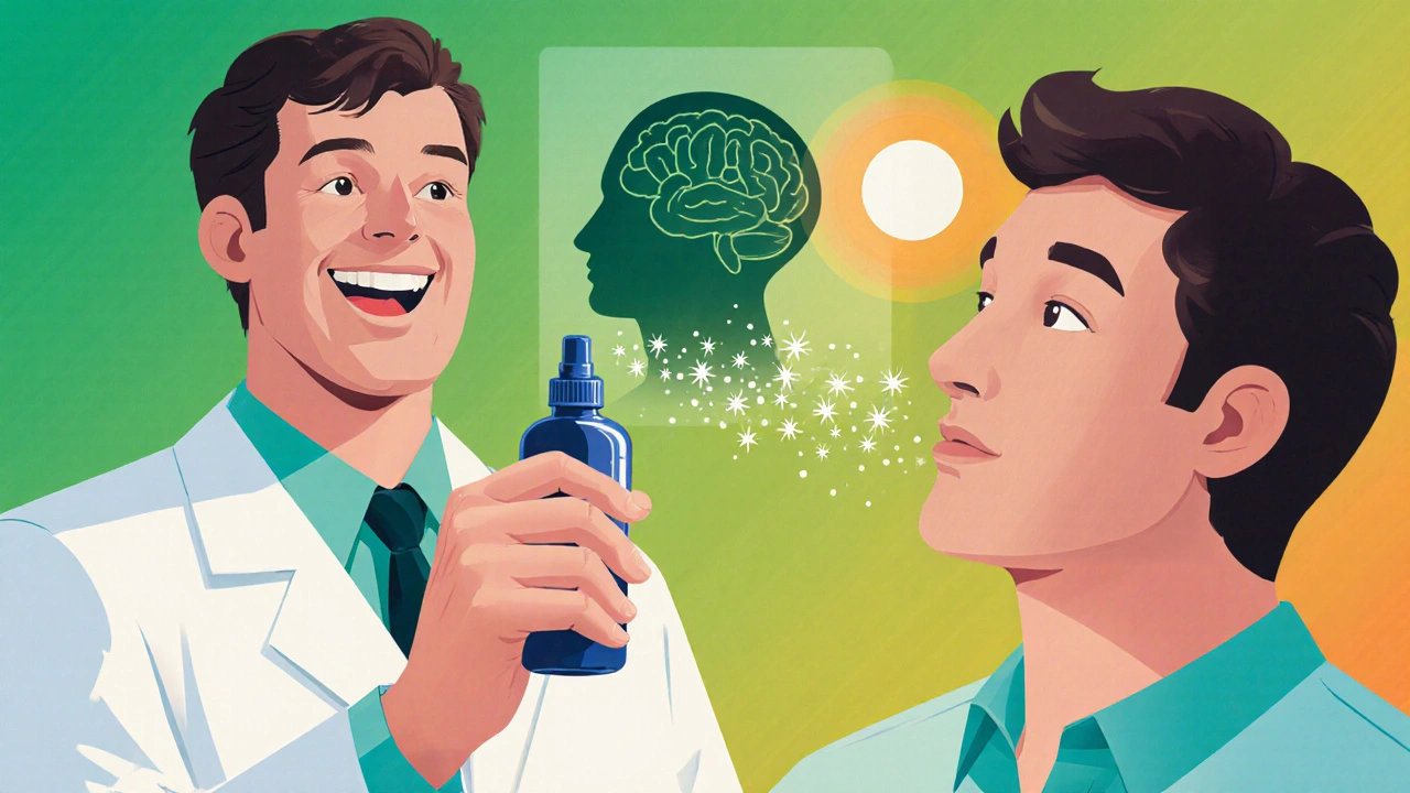 Cartoon doctor gives desmopressin, patient’s eyes become clear and bright.