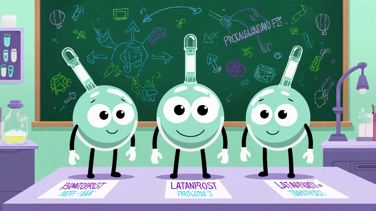 Cartoon lab showing bimatoprost, latanoprost, travoprost molecules with price and usage icons.