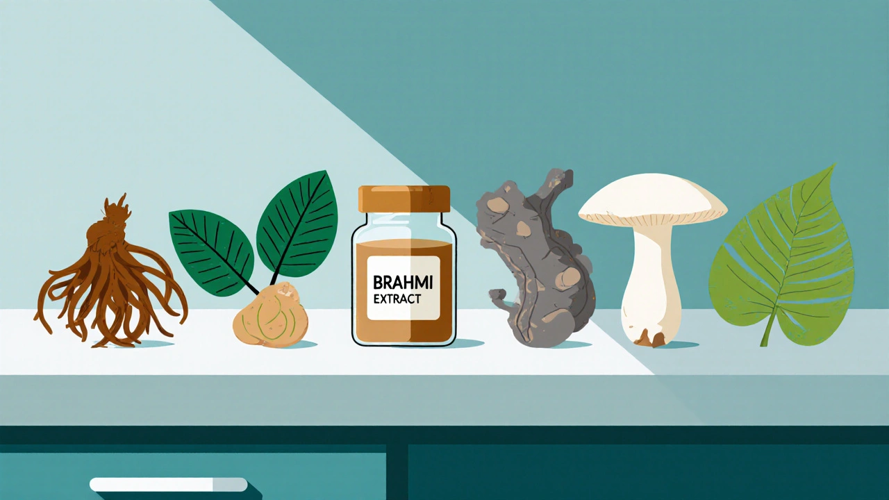 Cartoon lineup of six herbal nootropics on a kitchen counter in mid‑century modern illustration.