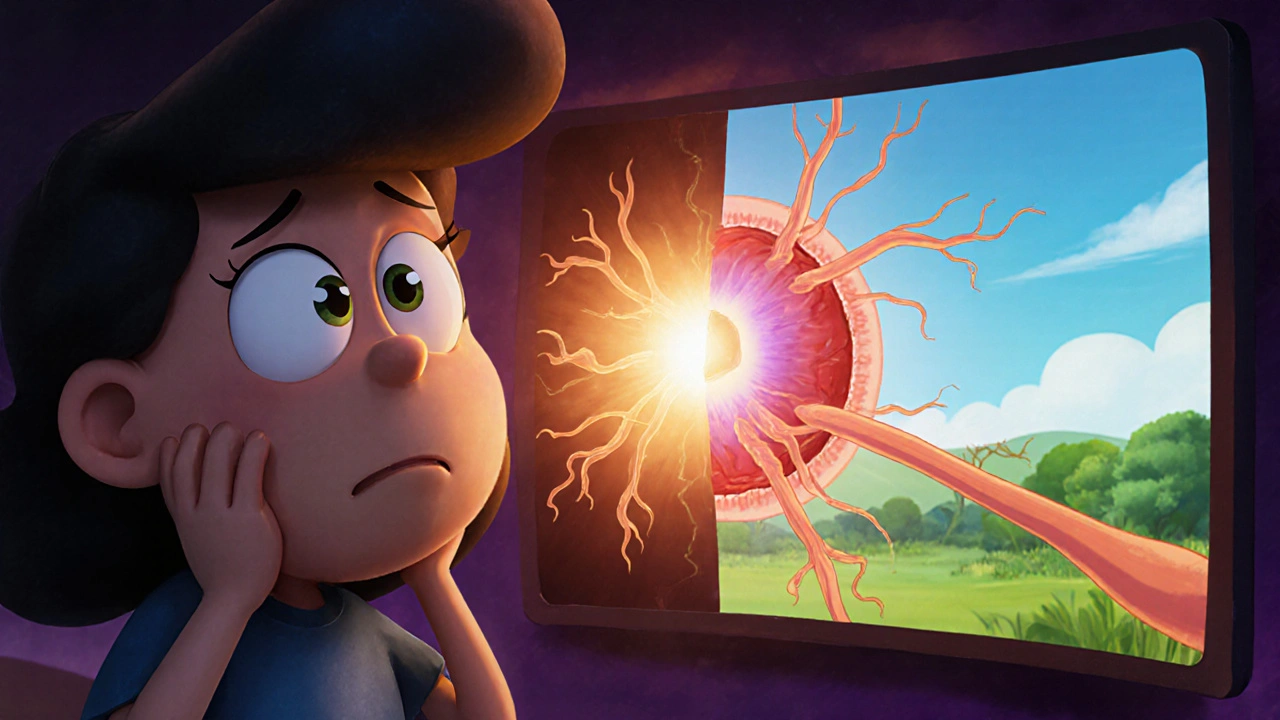 Cartoon tumor compresses optic chiasm, causing blurred peripheral vision.