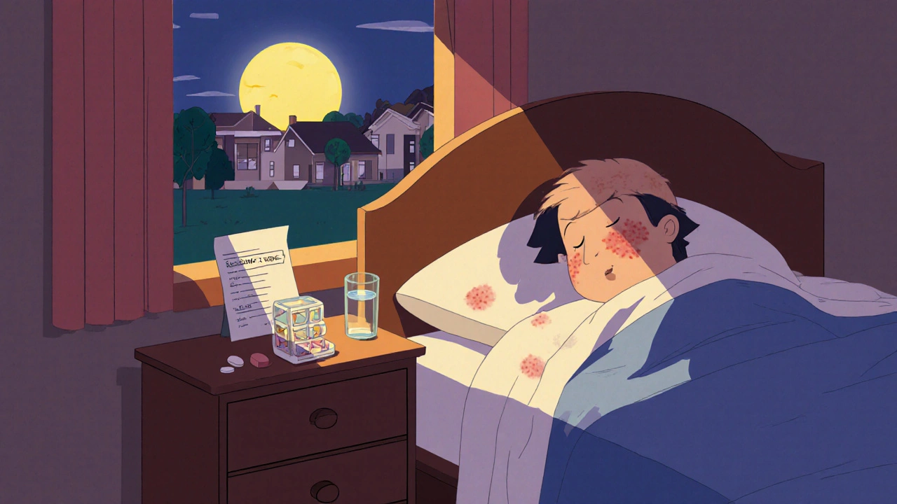 Child sleeps peacefully with fading chickenpox blisters, doctor's note and water on nightstand