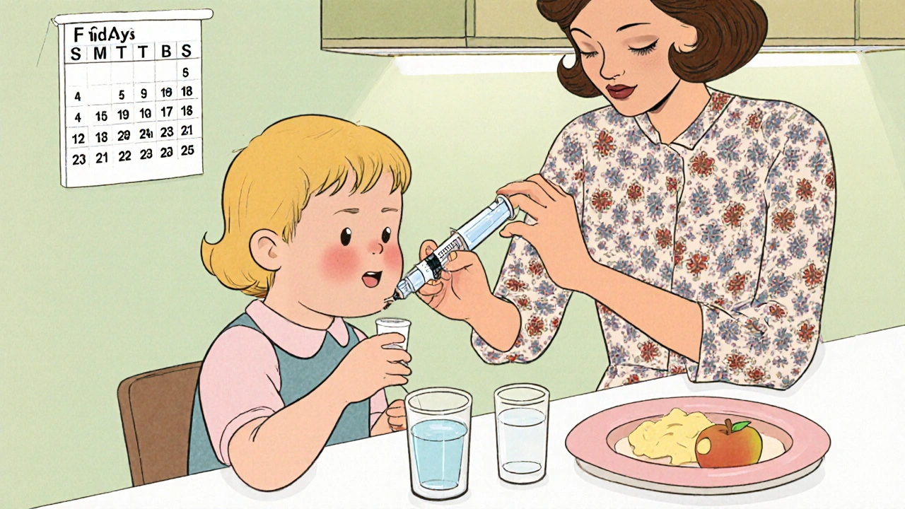 Child takes valacyclovir liquid with oral syringe at kitchen counter, parent measuring dose