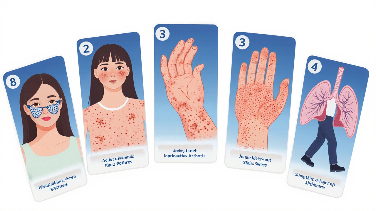 Collage of disease signs: butterfly rash, swollen joints, pink rash, limp child, purpura.