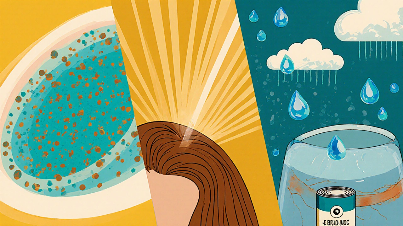 Collage of particles, UV rays, and metal‑contaminated water affecting hair, mid‑century cartoon.