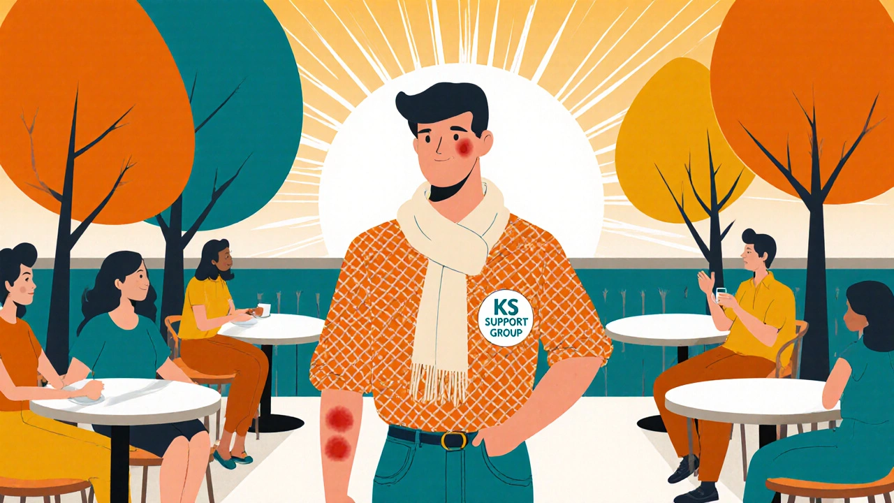 Confident individual walks at a café wearing a scarf, surrounded by friends.