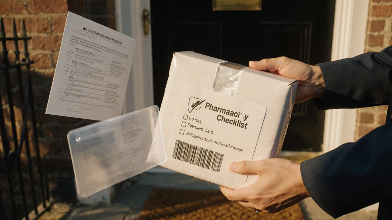 Courier delivering sealed pharmacy box with checklist icons hovering nearby.