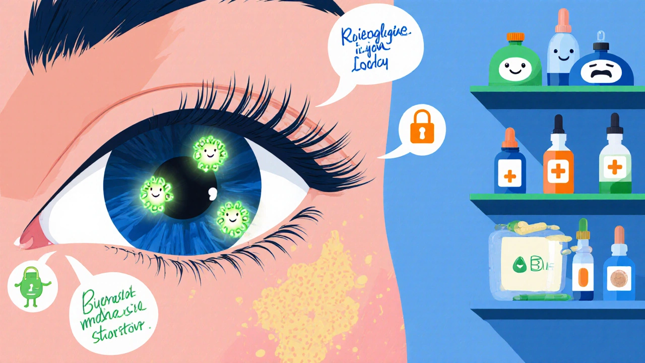 Cross‑section eye showing Bimatoprost molecules stimulating lash follicles with cartoon drop bottles nearby.