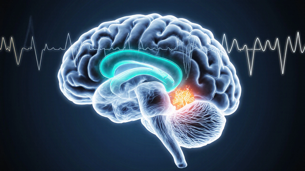 Cutaway illustration shows hypothalamus, pontine micturition center, and bladder with disrupted ADH signals.