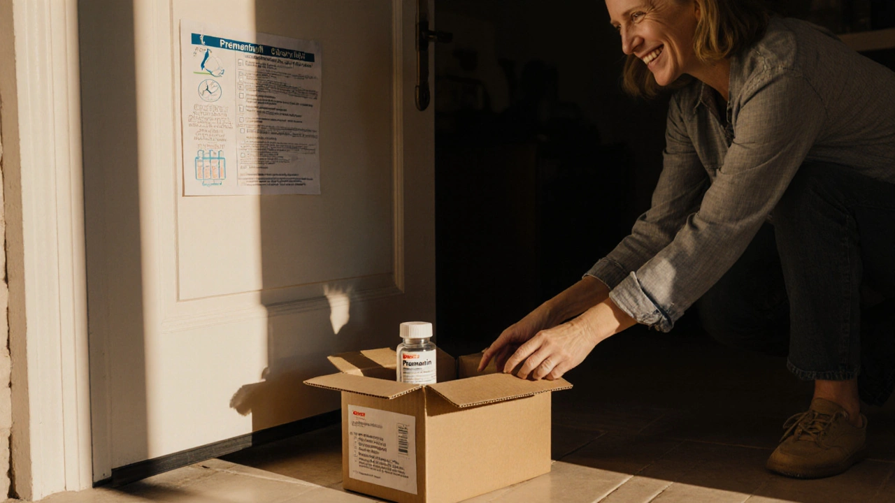 Delivery box on doorstep with woman receiving generic Premarin bottle and safety checklist.