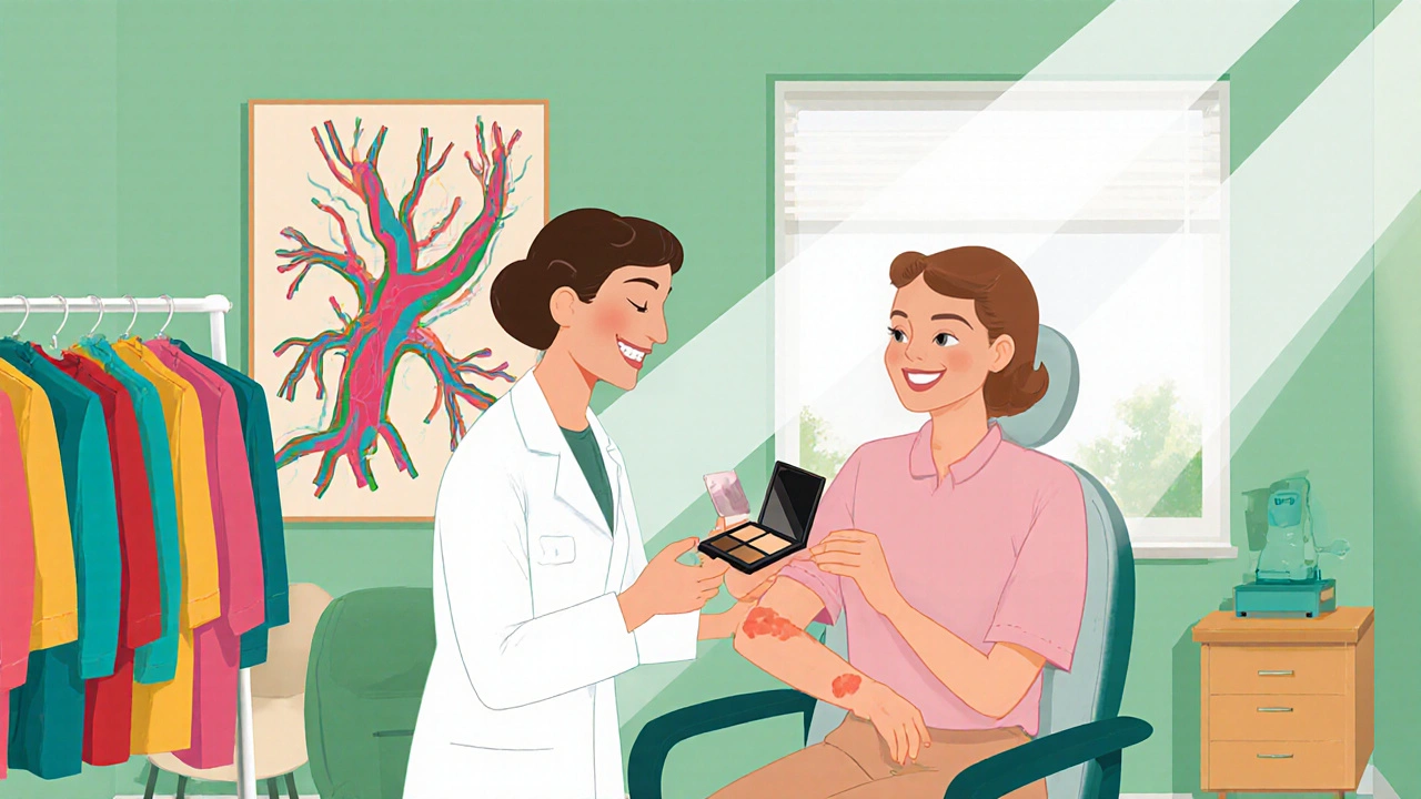 Dermatologist treats a lesion while patient holds camouflage makeup.