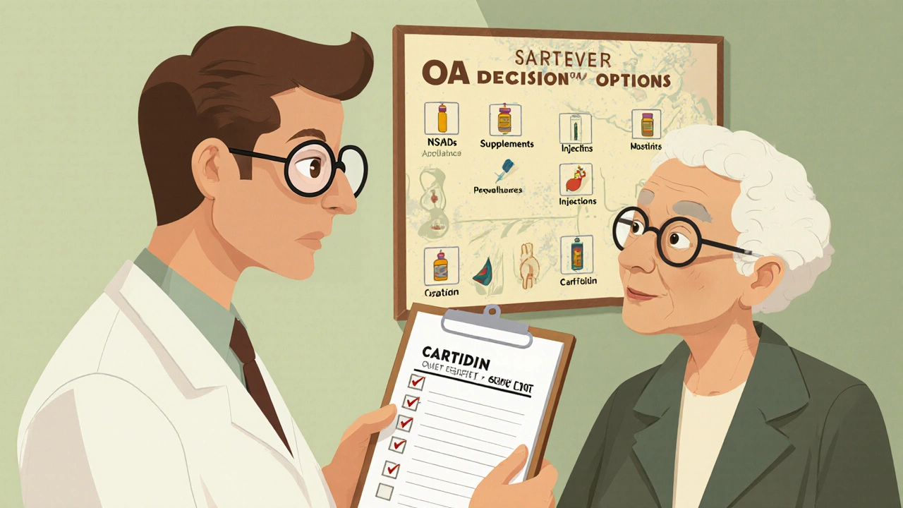 Doctor and senior patient reviewing a Cartidin decision checklist in a midâcentury office.