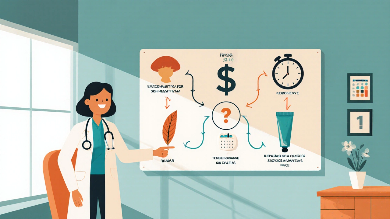 Doctor pointing at a decision board with icons guiding selection of different antifungal creams.