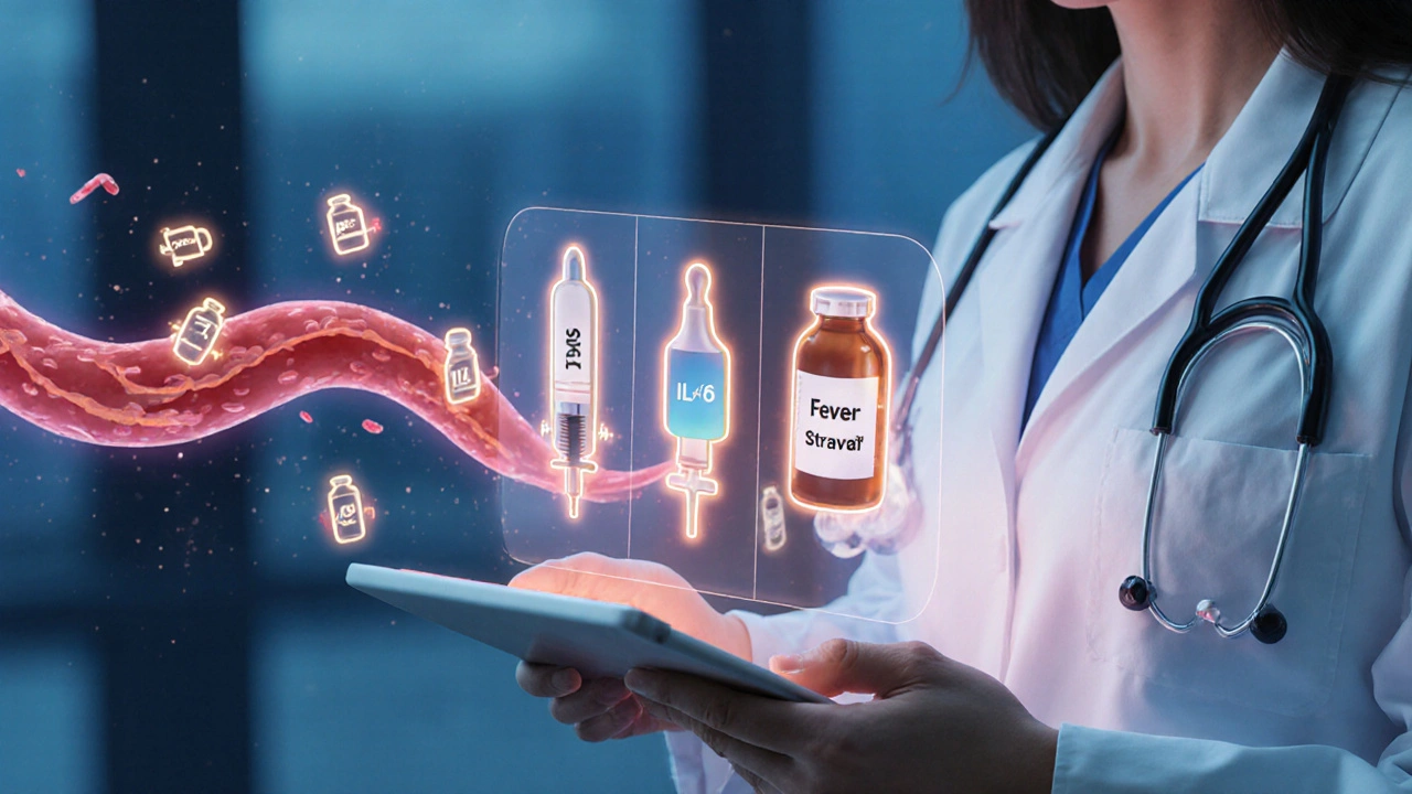Doctor reviewing treatment options as cytokine symbols fade near medication icons.