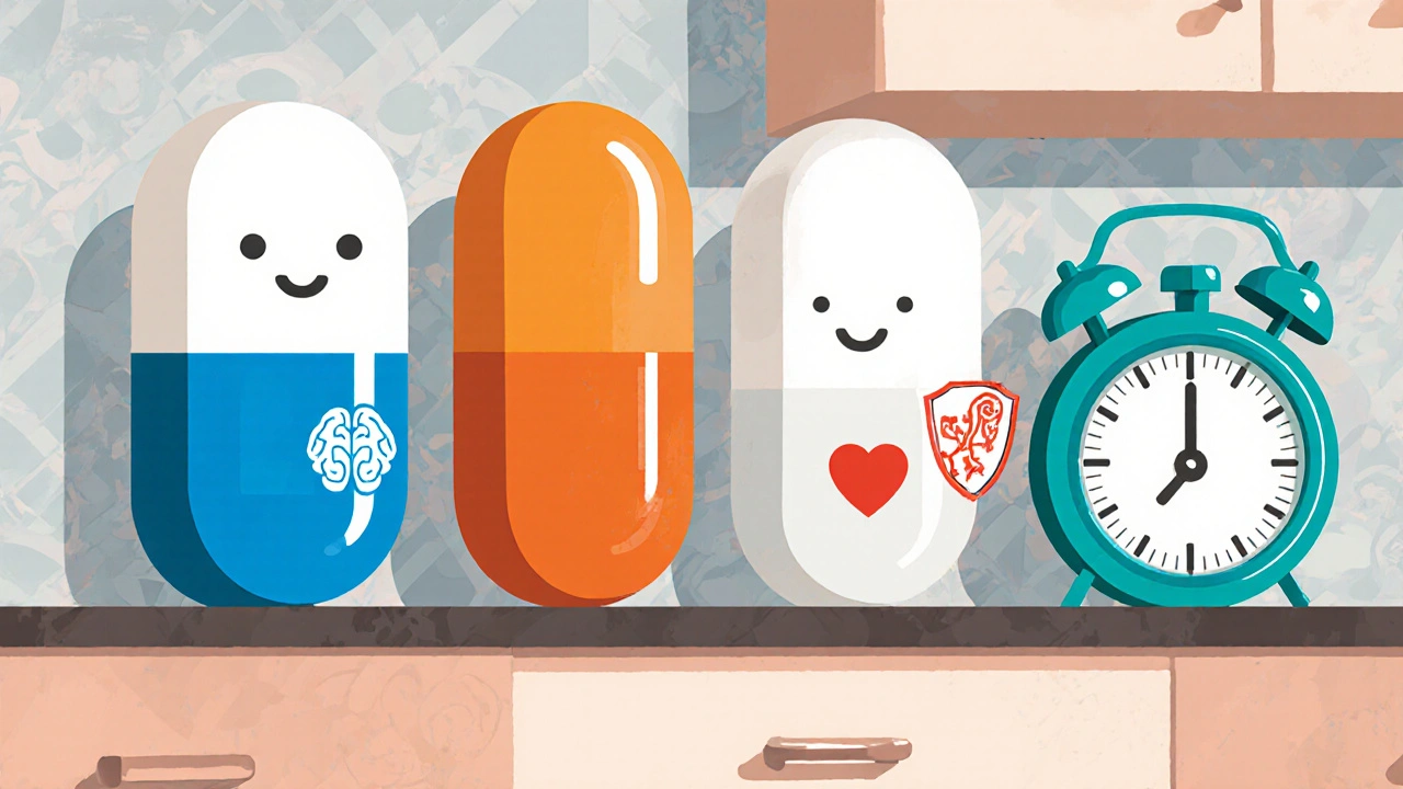 Four cartoon pill characters representing Tylenol, ibuprofen, aspirin, and naproxen.