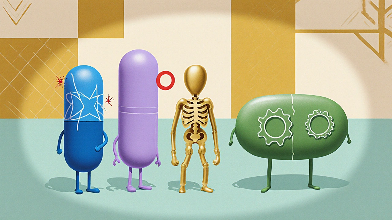 Four pill characters representing Tamoxifen, Raloxifene, Fulvestrant, and an aromatase inhibitor with visual side‑effect cues.