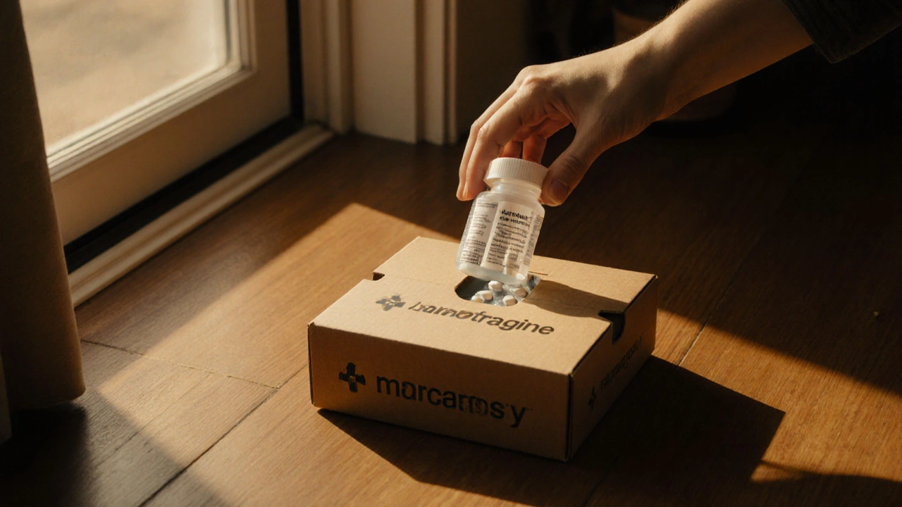 Hand opening a delivery box showing a bottle of generic lamotrigine tablets.