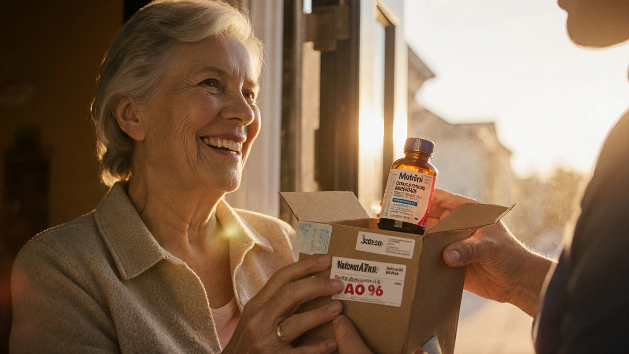 Happy person opening a package revealing a discounted ibuprofen bottle.