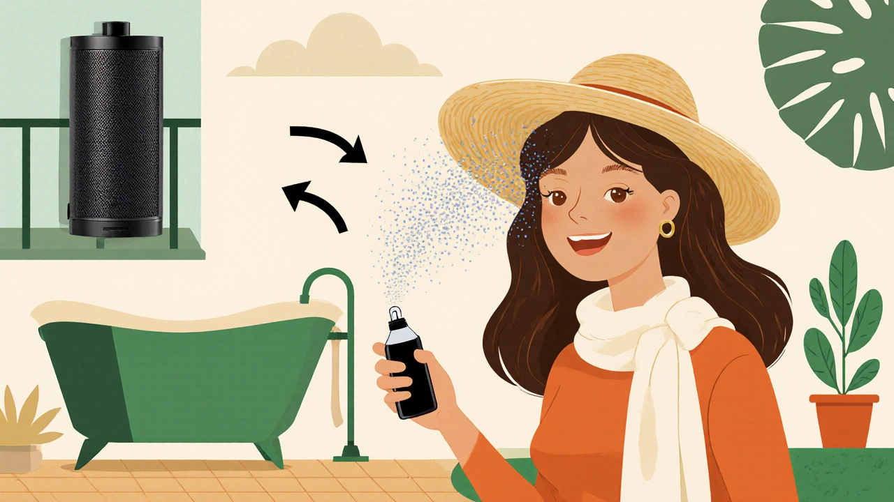 Healthy woman using hat, UV spray, and shower filter to protect hair, cartoon illustration.