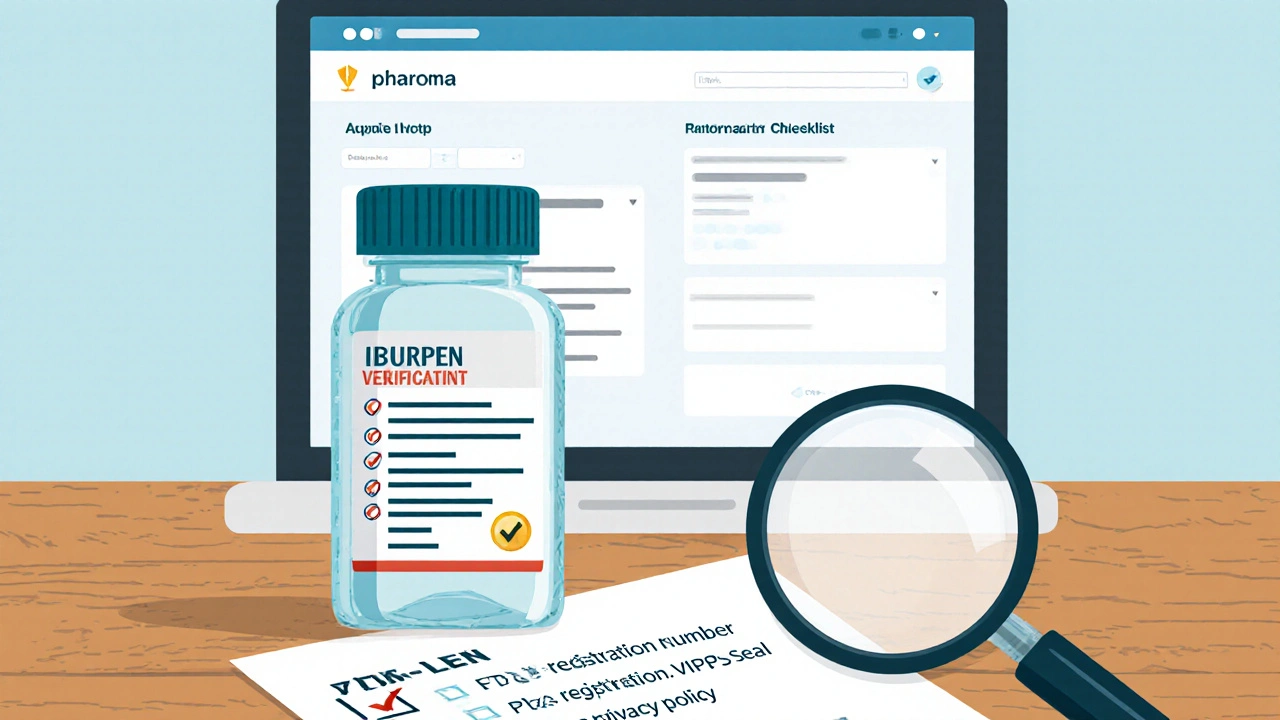 Ibuprofen bottle with magnifying glass over a checklist of safety items.