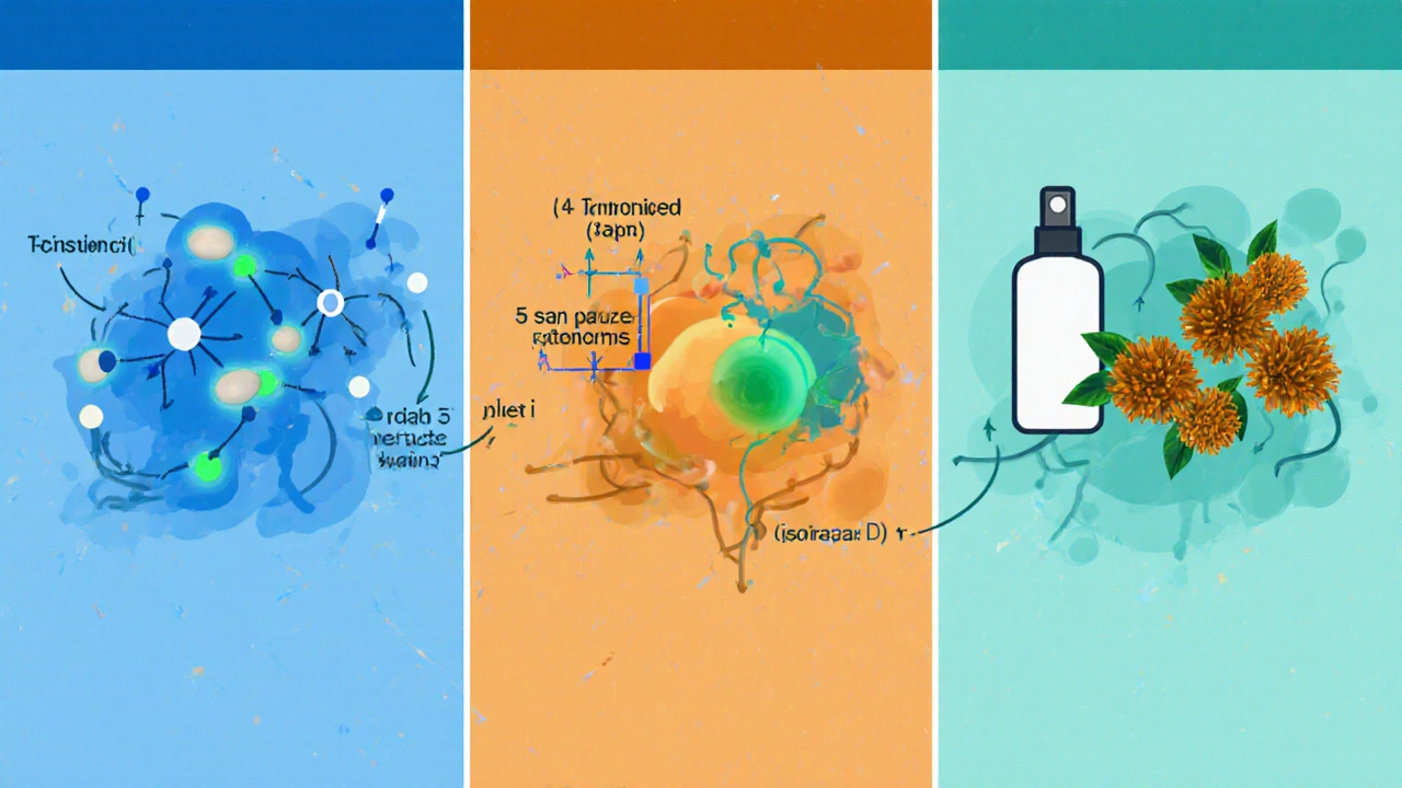 Illustration of Dutanol, Finasteride, Saw Palmetto, and Minoxidil showing enzyme inhibition.