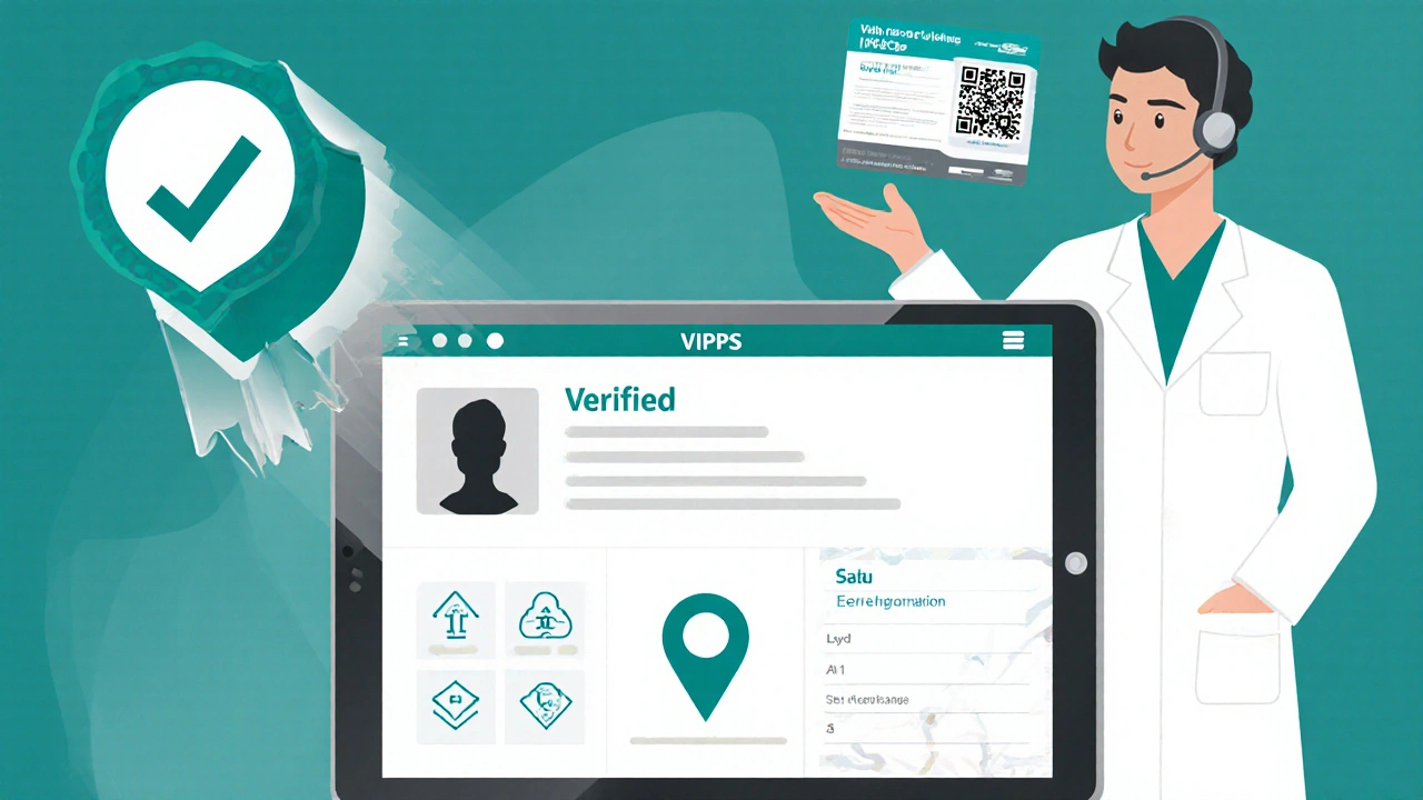 Illustration of verification badges and a pharmacist confirming safety steps.