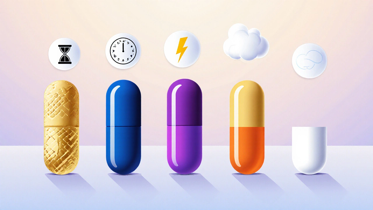 Lineup of different ED pills with symbols for duration and onset.