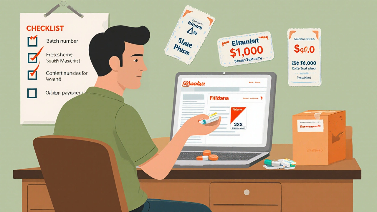 Man comparing Fildena XXX and generic sildenafil tablets while checking online safety checklist.