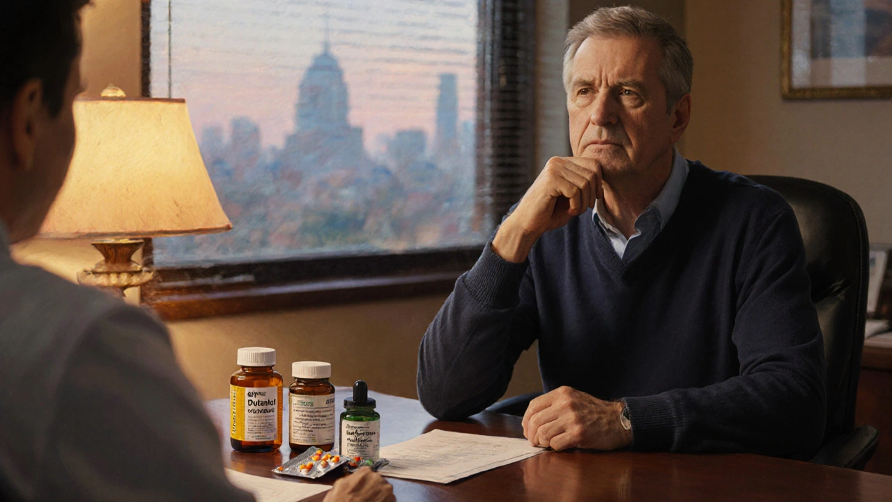 Man consulting a doctor, pill bottles and minoxidil on the desk, warm office lighting.