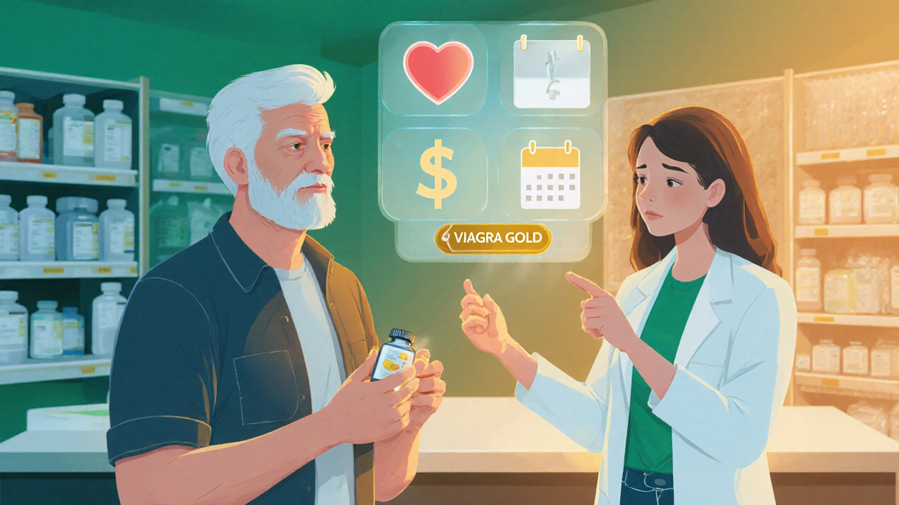 Man with doctor reviewing pill options and cost symbols.