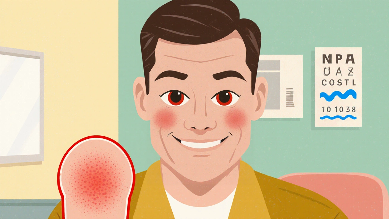 Mid‑century modern figure with swollen knee, red eye, and subtle hint of urethritis representing reactive arthritis triad.