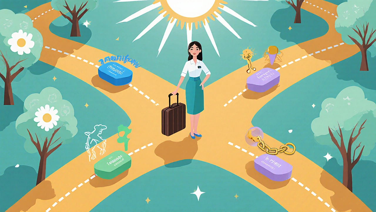 Patient at a stylized crossroads choosing between Tamoxifen, aromatase inhibitor, Raloxifene, and Fulvestrant paths.