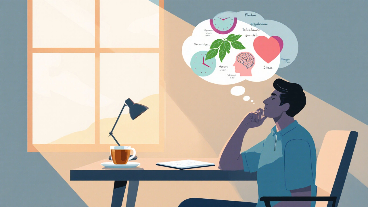 Person at a desk with a thought bubble showing herbal icons, depicted in mid‑century modern cartoon style.