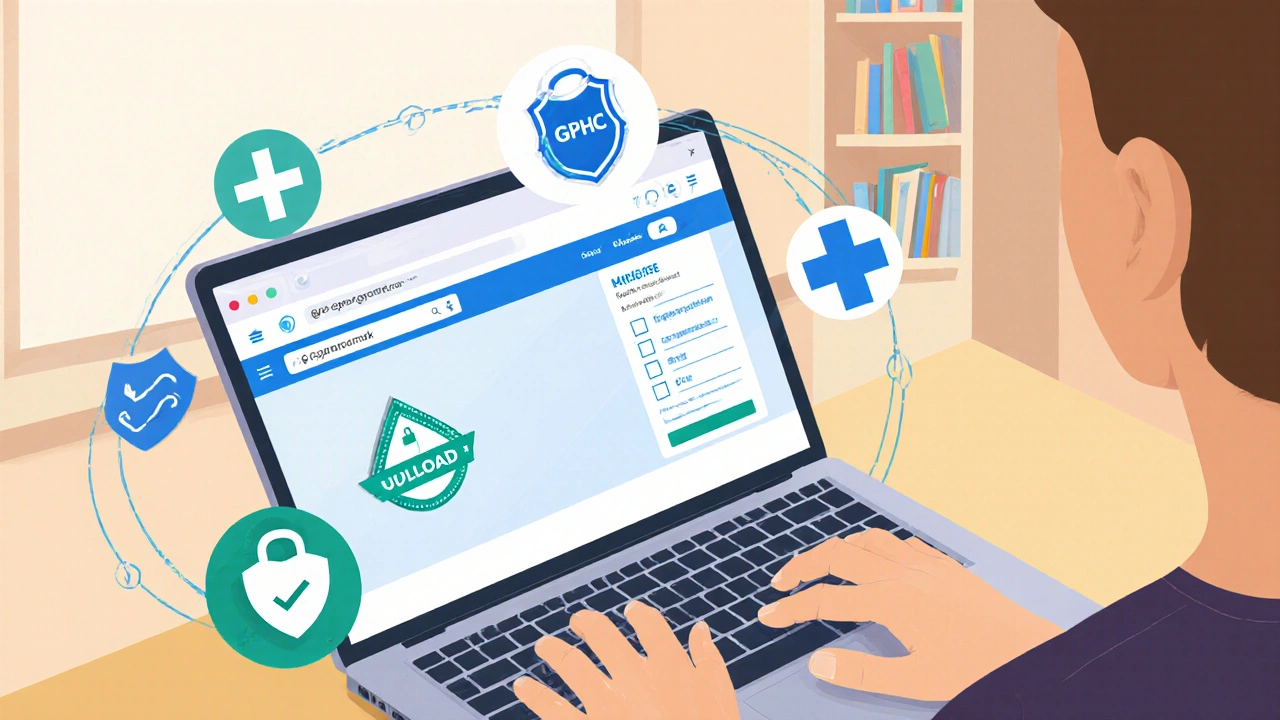 Person reviewing online pharmacy site with UK address, accreditation badge, and prescription upload.