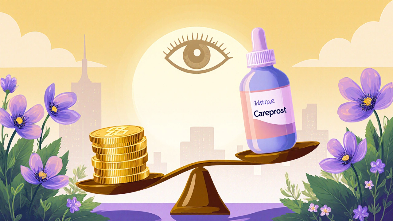 Scale balancing costly Latisse against affordable Careprost, with natural options and iris hint in background.