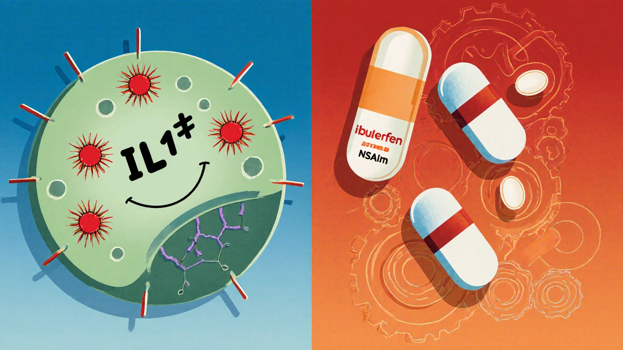 Sideâbyâside cartoon of diacerein blocking ILâ1β and NSAIDs inhibiting COX enzymes.
