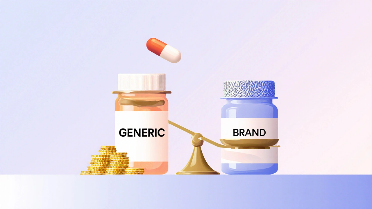 Side‑by‑side generic and brand pill bottles with a scale showing cheaper generic.