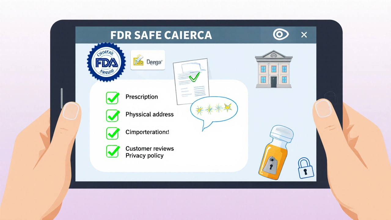 Tablet displaying a checklist of safe online pharmacy criteria with checkmarks.