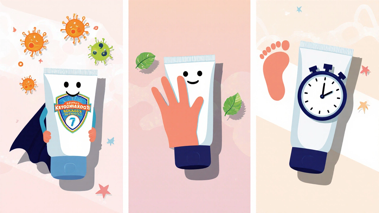 Three cartoon cream characters representing ketoconazole, ciclopirox, and terbinafine with icons of their benefits.