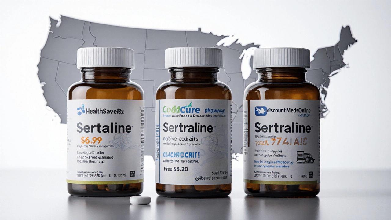 Three pill bottles labeled with discount pharmacies and prices on a surface.