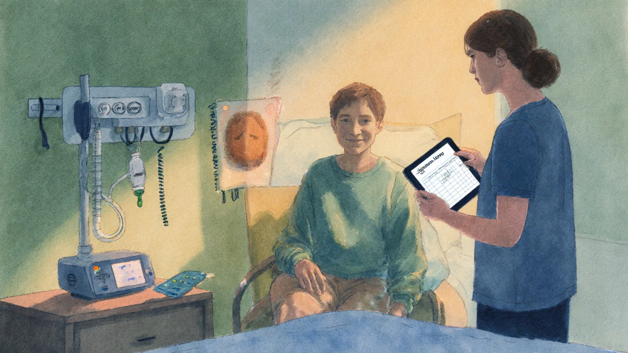 Watercolor scene of rehab with therapist, sleep monitor, CPAP, and medication assisting a patient with nocturia.