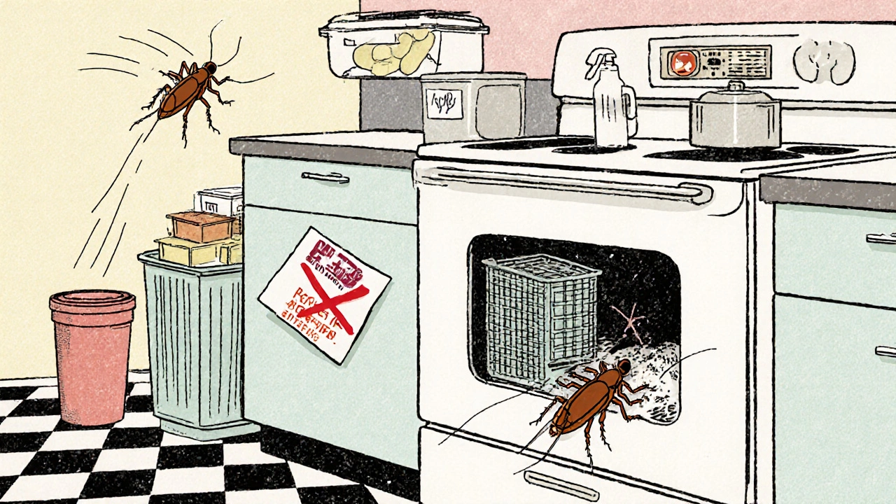 A clean kitchen with sealed food containers and boric acid used to prevent cockroach allergens in a vintage-inspired space.