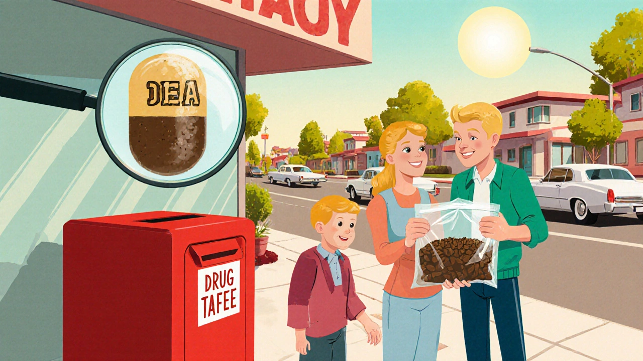 A family prepares expired pills for disposal at a DEA drug take-back drop box.