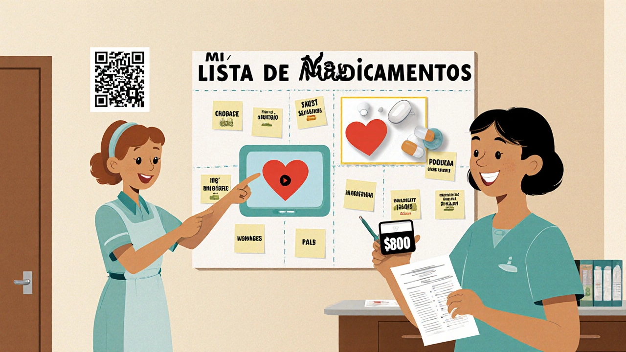 A healthcare worker uses a visual medication tracker chart with a QR code linking to an educational video in a clinic.