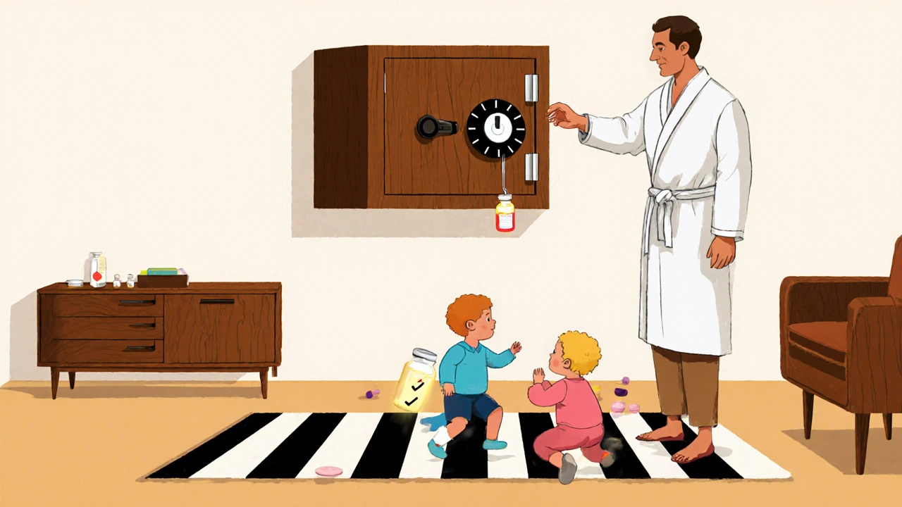 A man accesses a wall-mounted locked medication safe while toddlers play safely below.