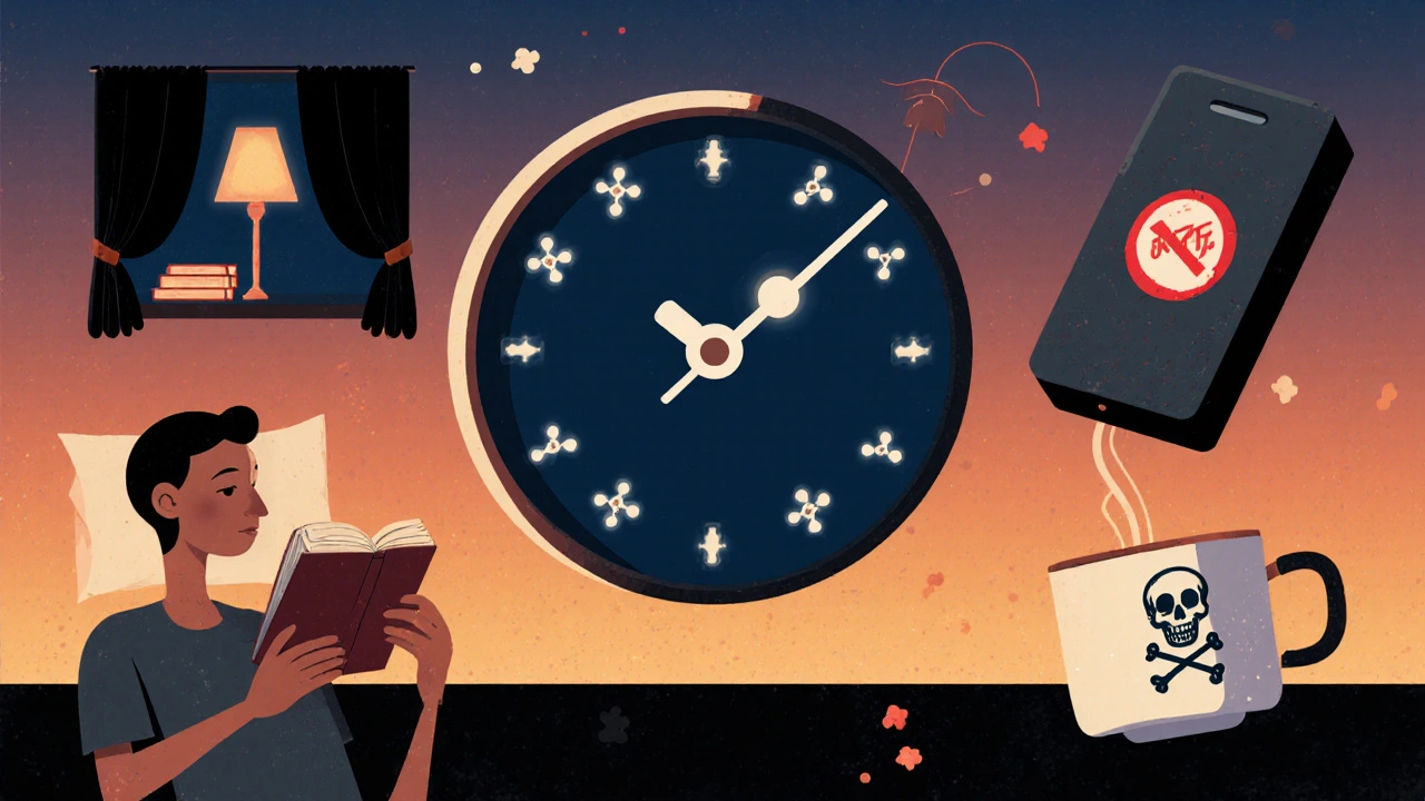 A midnight clock with melatonin molecules and sleep-friendly symbols like blackout curtains and a turned-off phone.